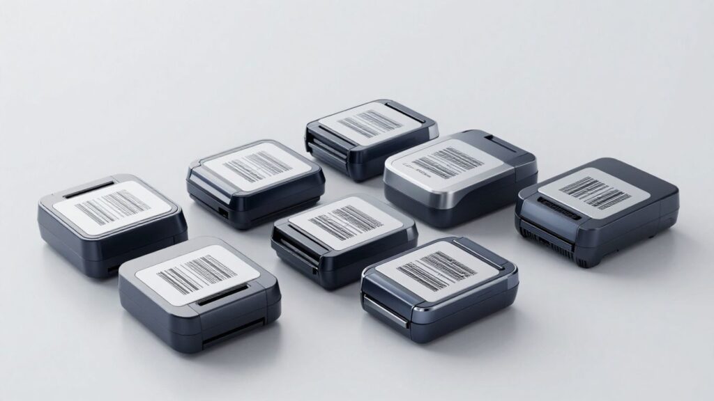 Sleek barcode printers on a neutral surface.