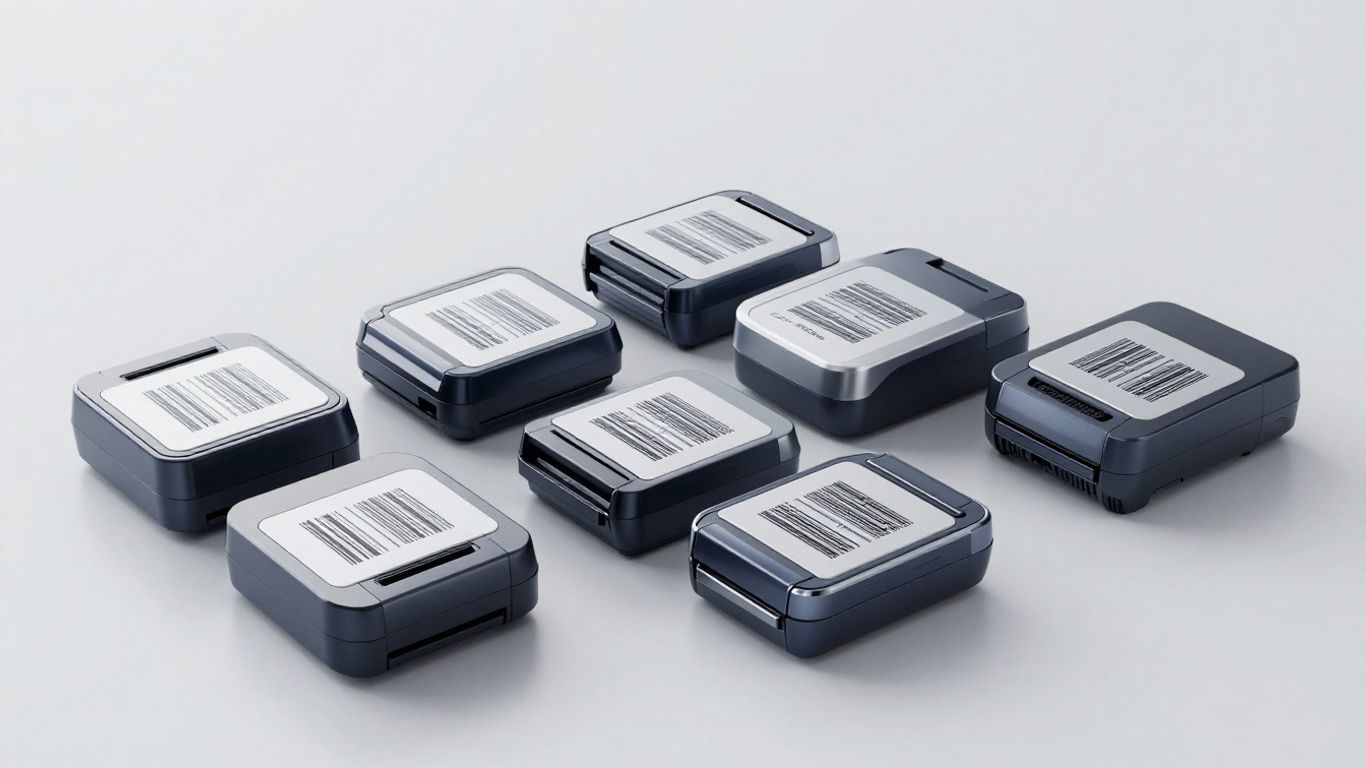 Sleek barcode printers on a neutral surface.