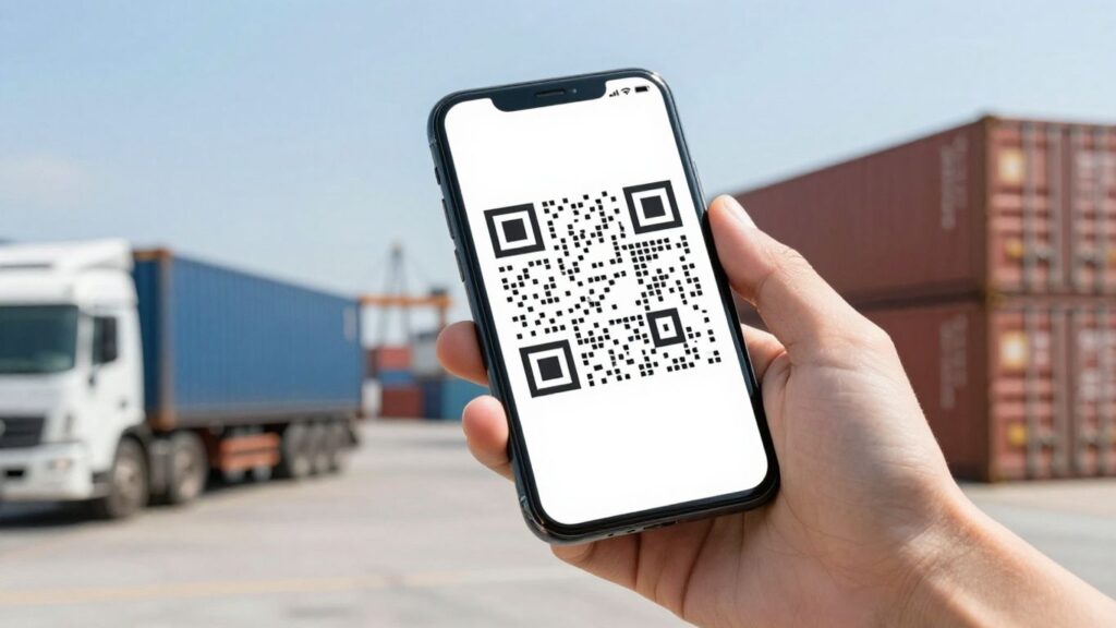 Hand scanning QR code on a smartphone in a logistics setting.