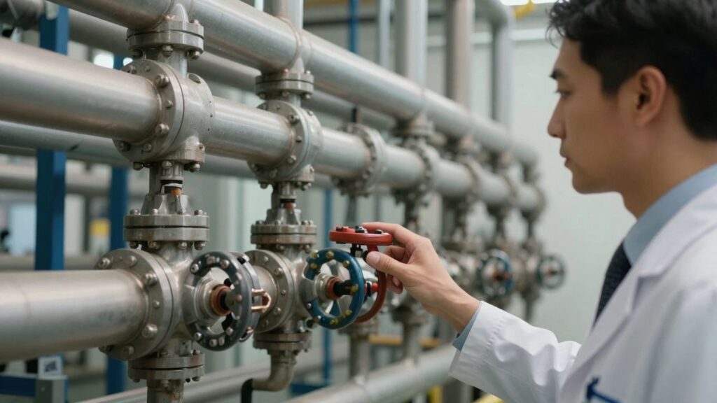 UK business professional observing industrial pipe network.