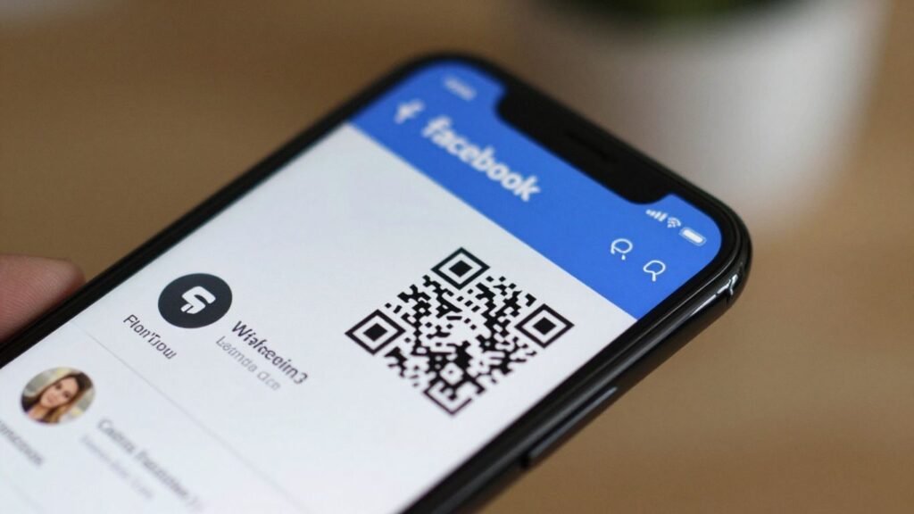 Smartphone displaying Facebook page with QR code.