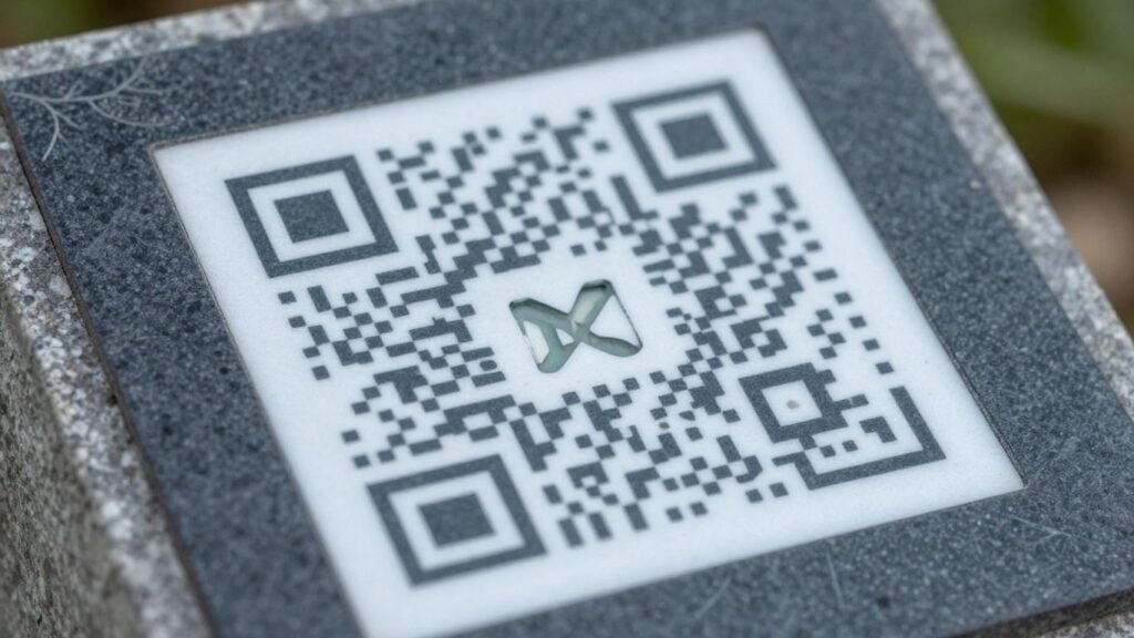 QR code on a memorial plaque with floral accents.