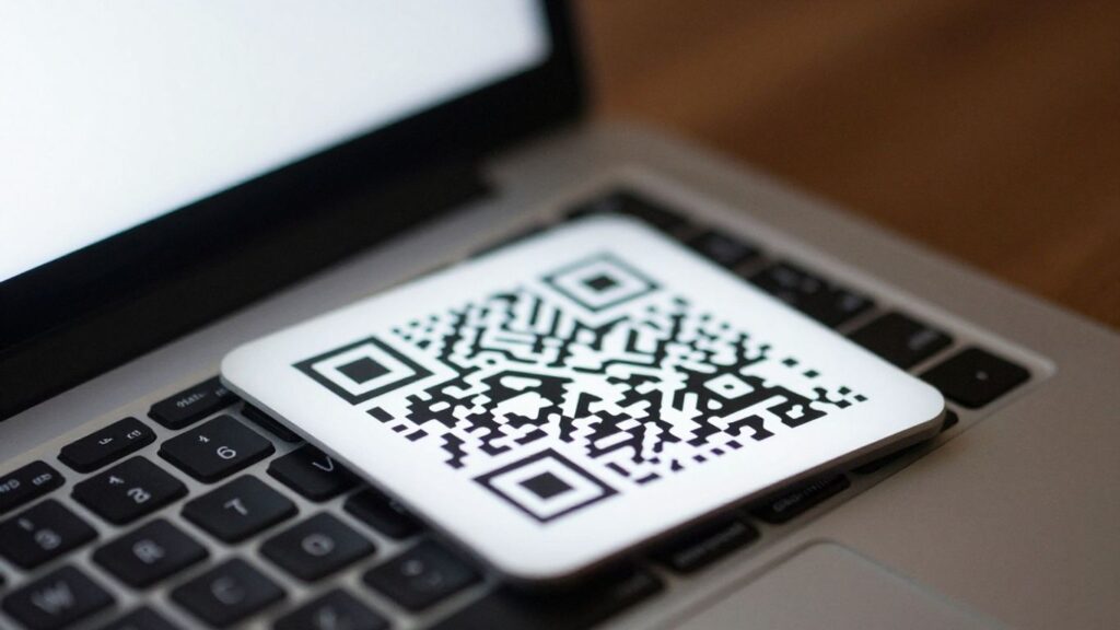 Laptop screen showing a QR code.