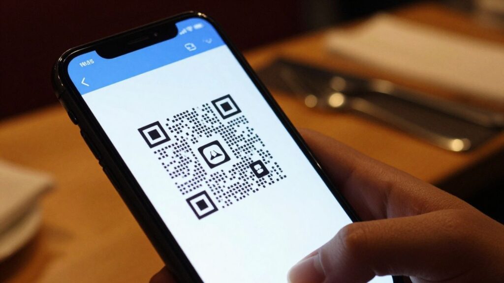 Smartphone scanning a QR code in a restaurant.
