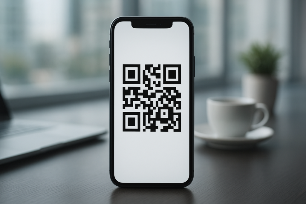 smartphone displaying a QR code in an office setting