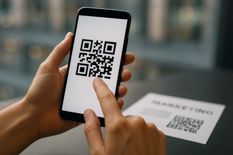 hands holding a smartphone displaying a QR code in an urban setting