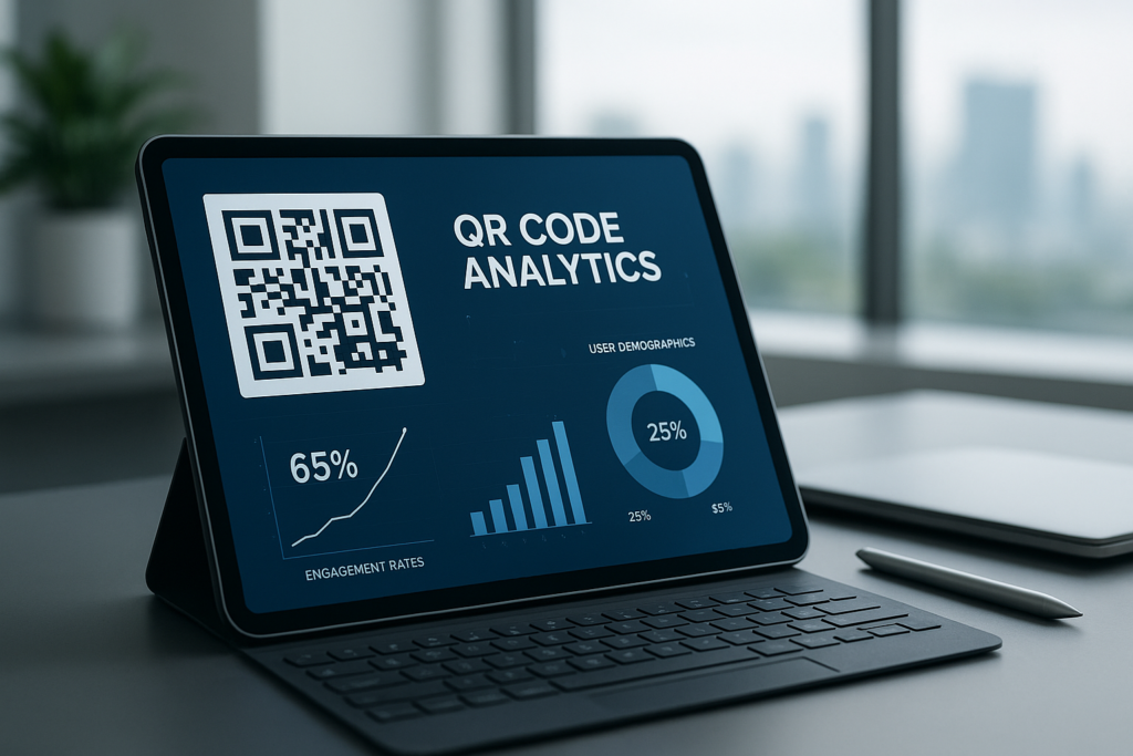 tablet showcasing qr code analytics dashboard in modern office