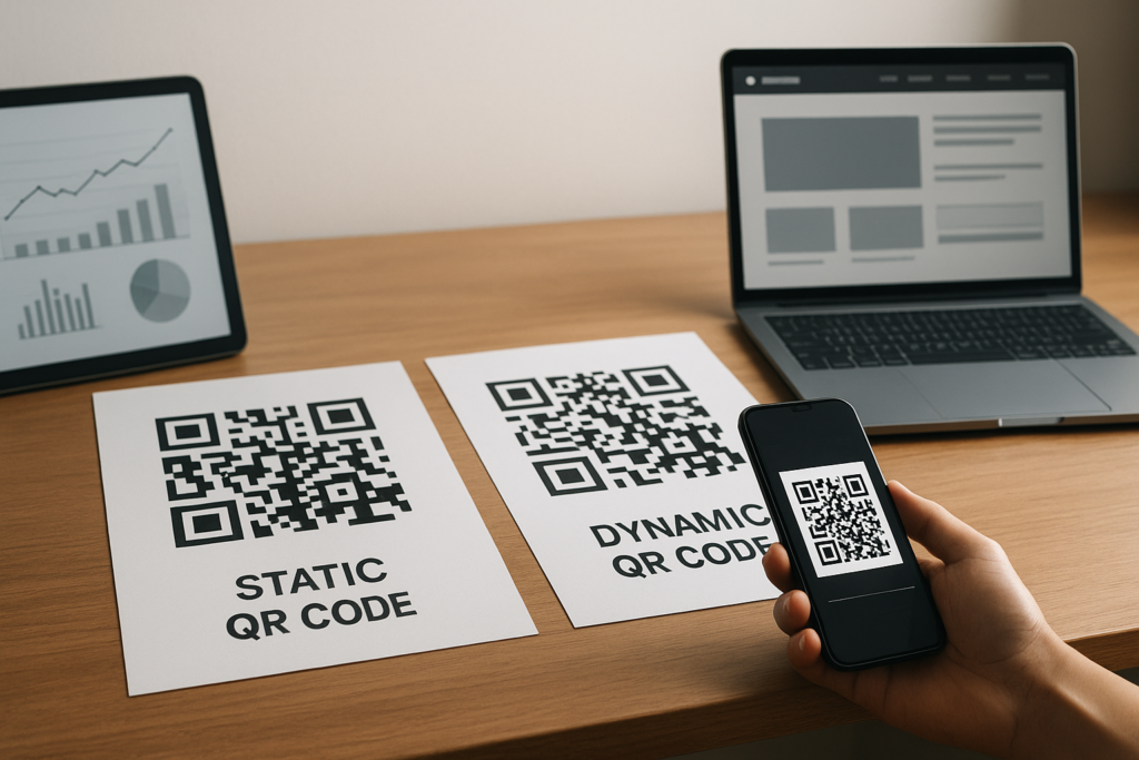 a sleek workspace with a static qr code and a dynamic qr code on a wooden desk