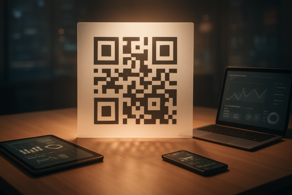 modern workspace with QR code design on a screen
