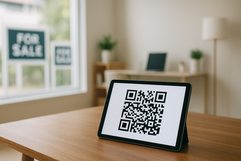 modern real estate office with a digital tablet showing a qr code for estate agents