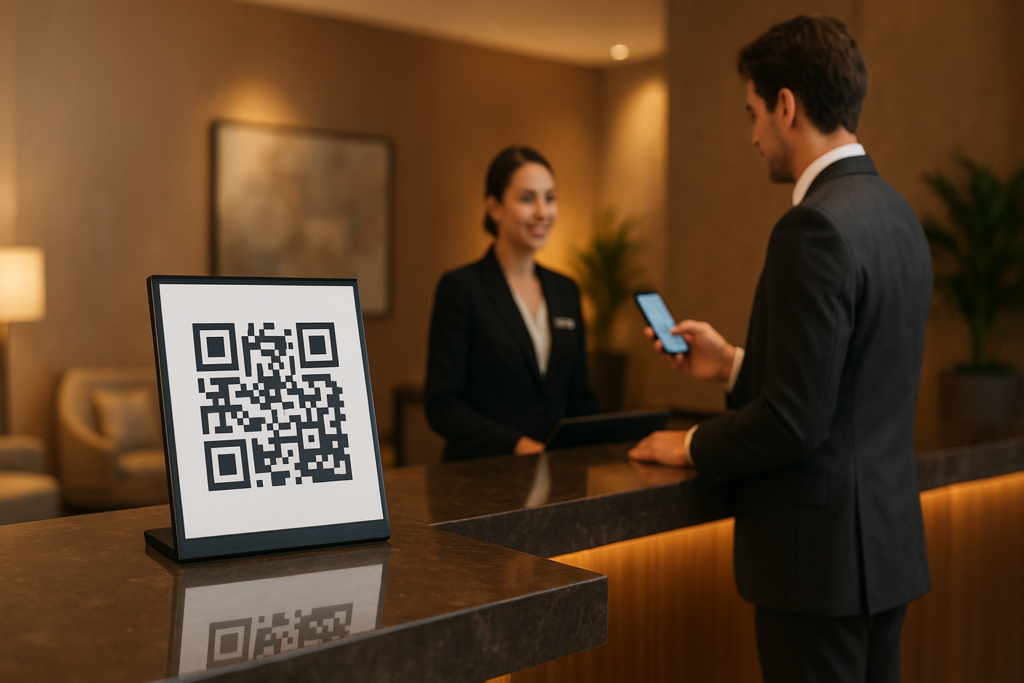 modern hotel lobby with a prominent qr code hospitality display stand