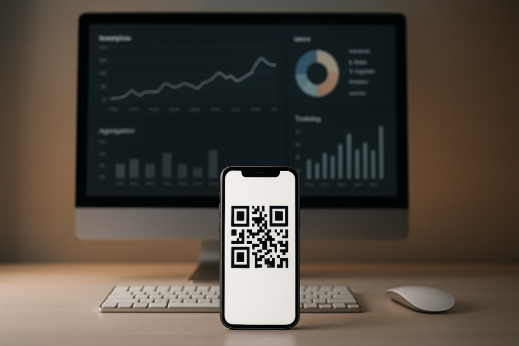 modern workspace with smartphone displaying qr code and analytics charts