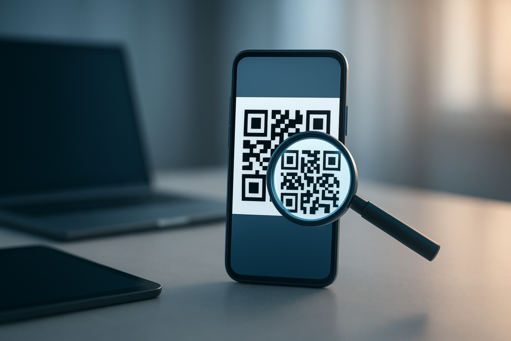smartphone displaying a QR code on a sleek desk for identification
