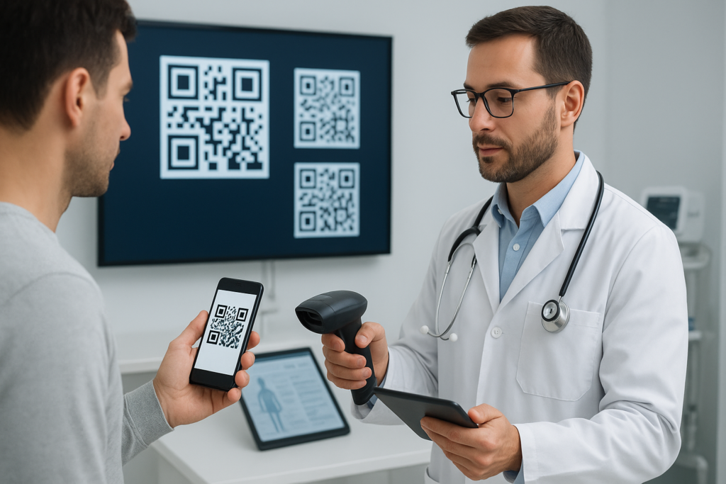 healthcare professional scanning a patient's QR code with a mobile device in a modern clinic