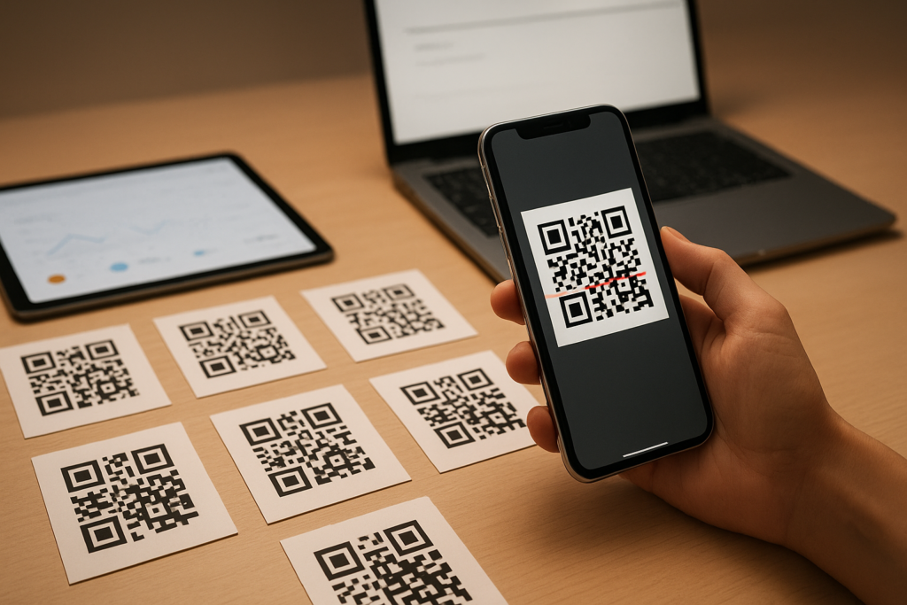 hand scanning a QR code in a modern workspace for qr code management uk