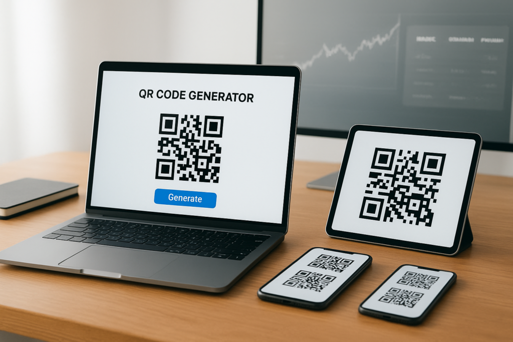 modern workspace with laptop showing dynamic qr code pricing tools
