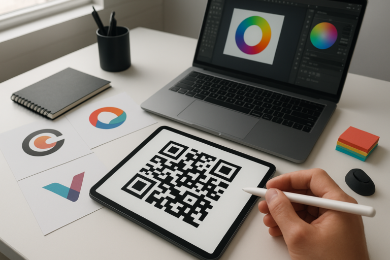top-down view of a creative workspace with a qr code generator with logo on a digital tablet