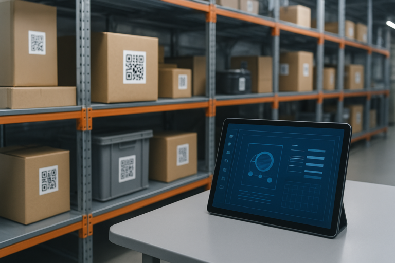 Modern warehouse showcasing qr code equipment tracking on assets