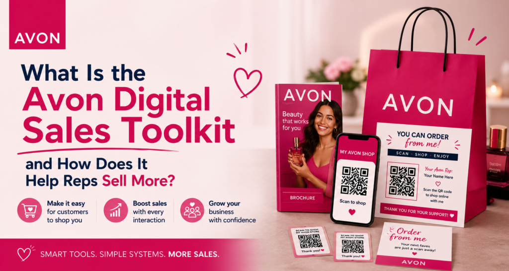 Avon Digital Sales Toolkit promotional graphic showing an Avon brochure, branded shopping bag, QR code marketing materials, and a smartphone displaying an Avon online shop QR code, designed to help Avon representatives increase sales through digital ordering tools.