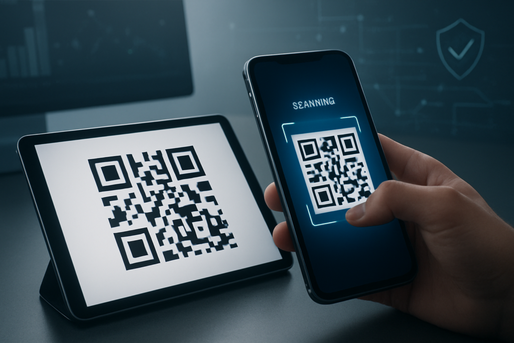 smartphone scanning a qr code on a tablet in a modern workspace