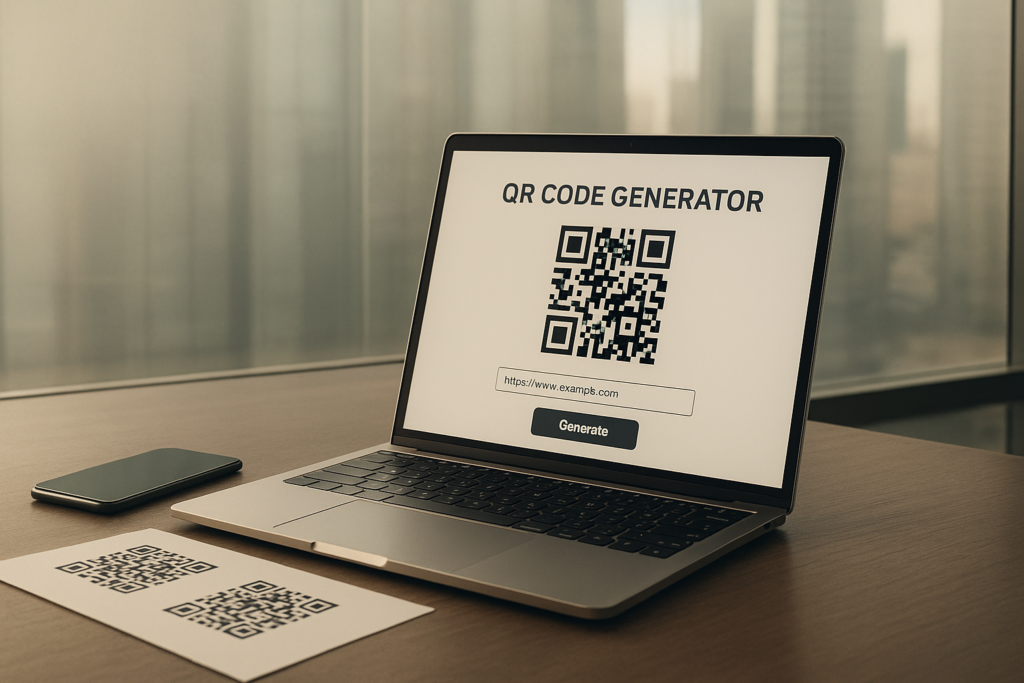 minimalist workspace with laptop and QR code generator display