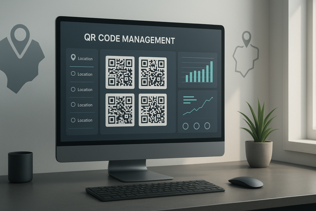 modern workspace with interactive dashboard for managing qr codes across locations