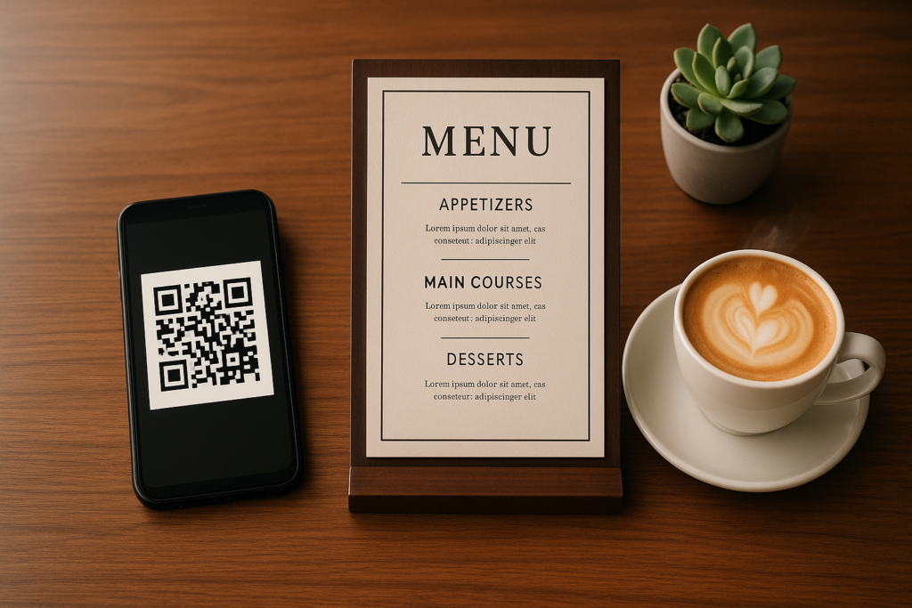 Stylish wooden cafe table with smartphone QR code for menu uk