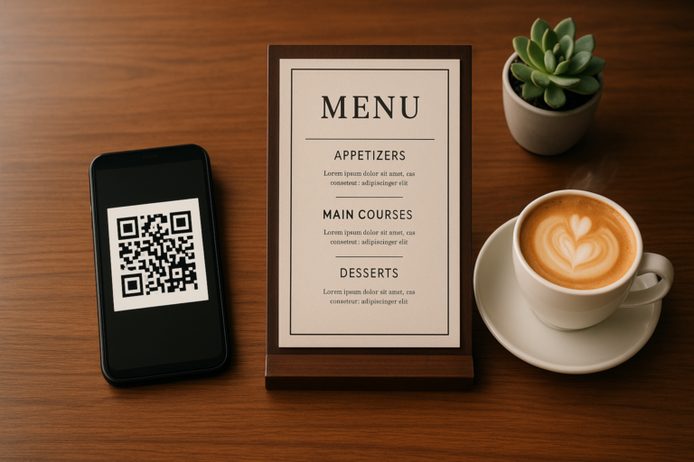 Stylish wooden cafe table with smartphone QR code for menu uk