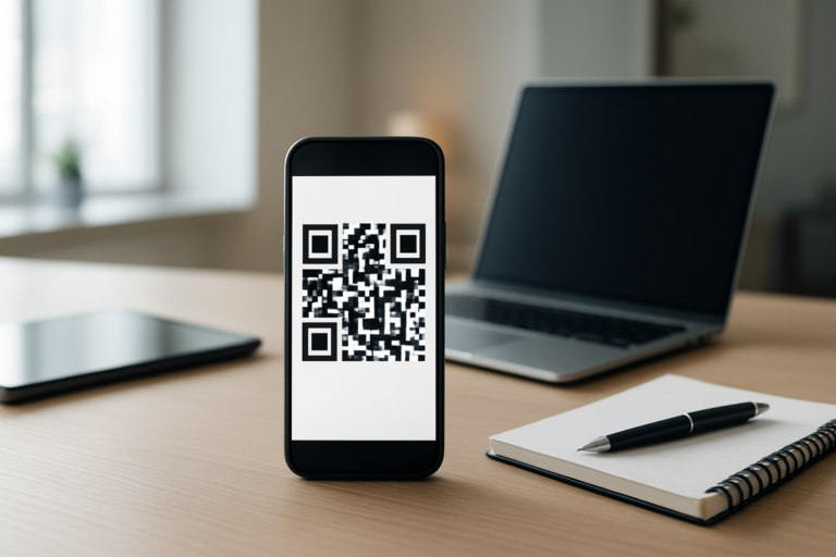 elegant desk setup featuring a smartphone with a qr code generator uk