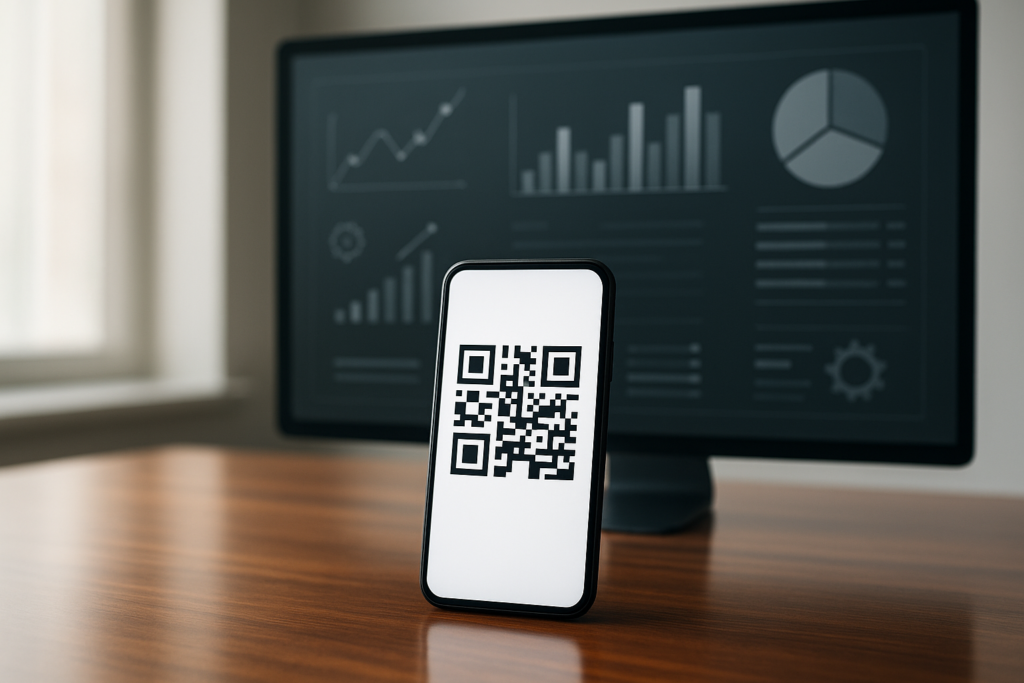 smartphone showing a QR code on a polished desk in a modern workspace