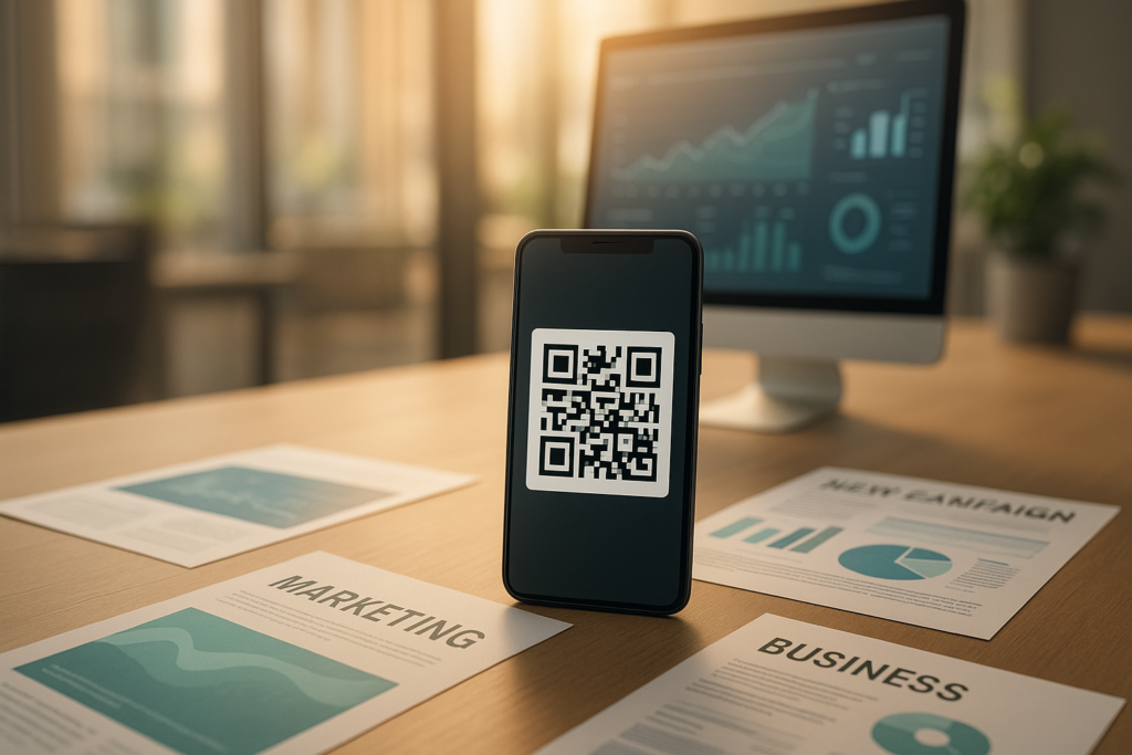 high-end smartphone showing a qr code in a sleek workspace