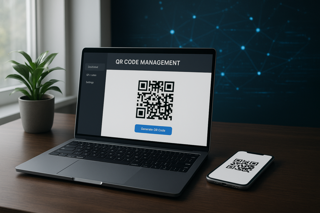 modern workspace showcasing a qr code management platform on a laptop