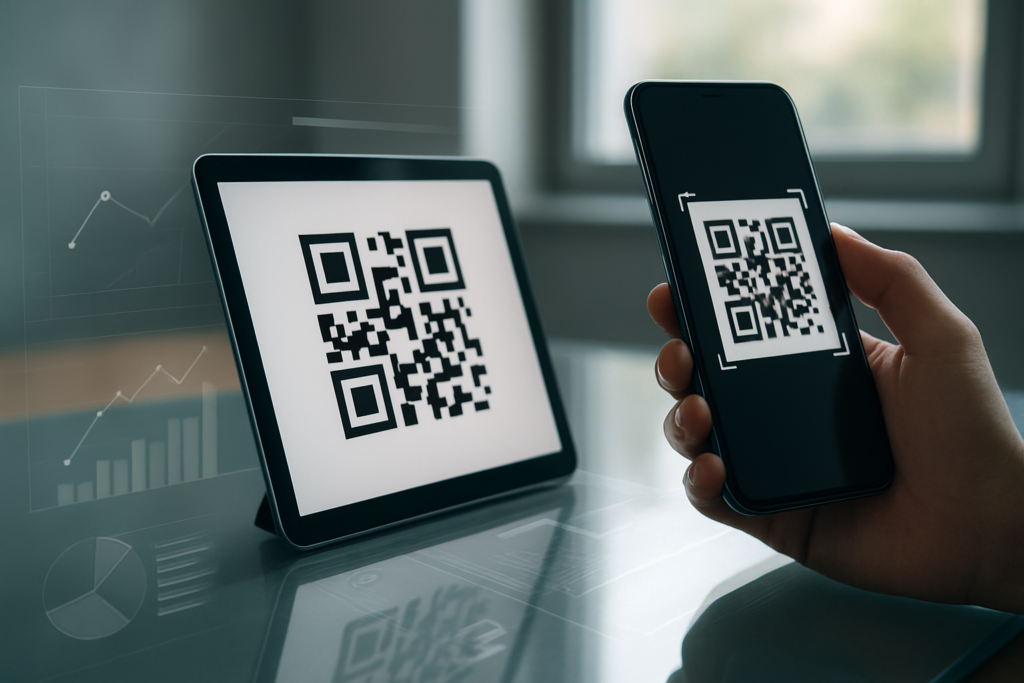 Smartphone scanning a QR code with analytics reflected on a desk