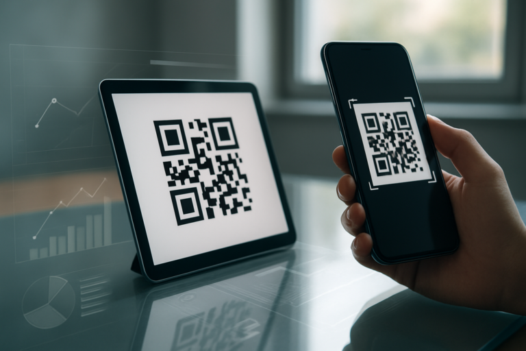 Smartphone scanning a QR code with analytics reflected on a desk