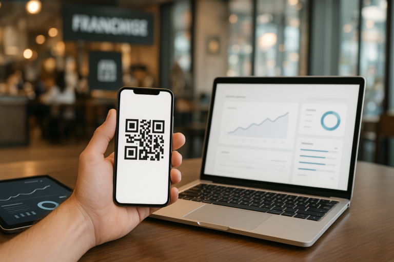 hand holding smartphone showing scannable qr code in modern cafe setting