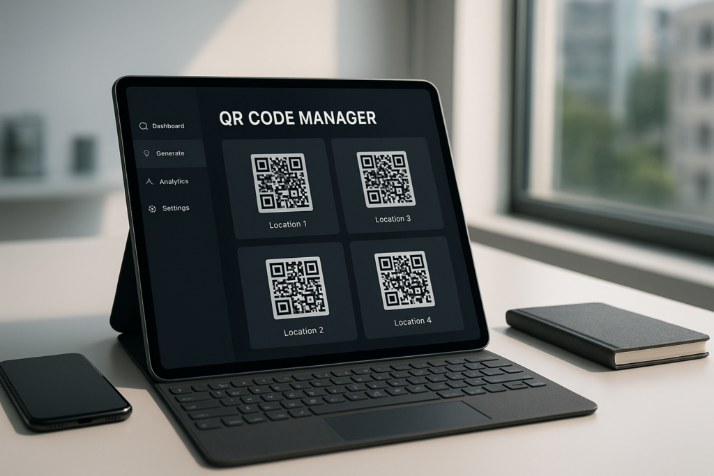 tablet managing qr codes in a sleek workspace setting