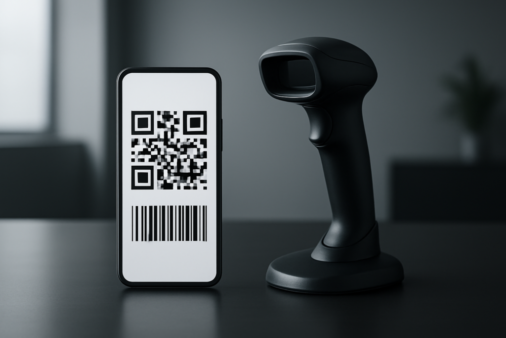smartphone displaying a QR code next to a barcode scanner in a modern office