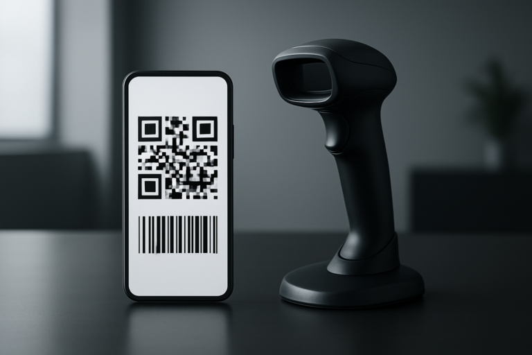 smartphone displaying a QR code next to a barcode scanner in a modern office