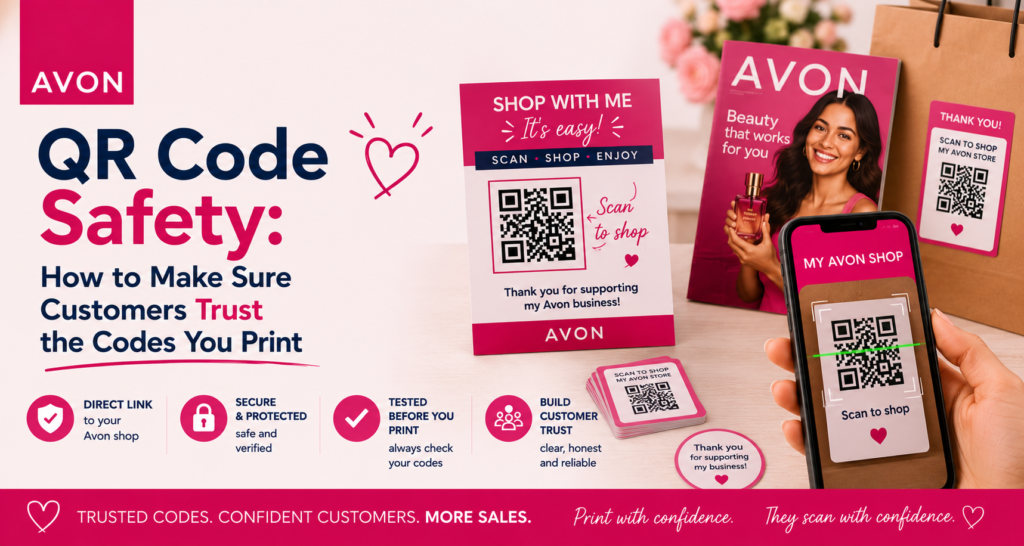 Promotional Avon graphic about QR code safety. The image shows branded Avon marketing materials, including a QR code shopping card, product brochure, stickers, packaging labels, and a smartphone scanning a QR code. Large headline text reads: “QR Code Safety: How to Make Sure Customers Trust the Codes You Print.” Key messages highlight direct links to an Avon shop, secure and protected codes, testing before printing, and building customer trust.