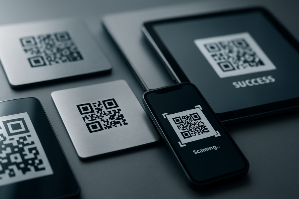 macro shot of various qr codes printed in different sizes on modern materials