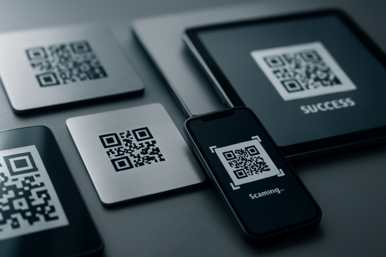 macro shot of various qr codes printed in different sizes on modern materials