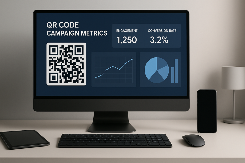 modern workspace featuring a screen with qr code campaign metrics