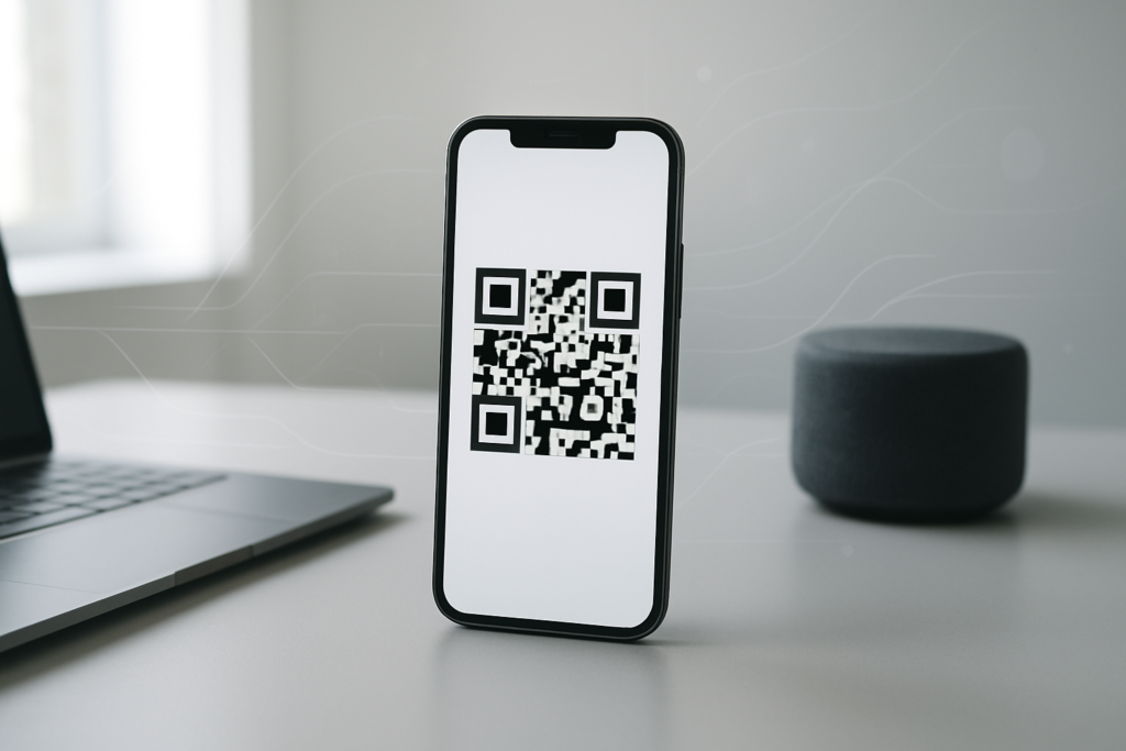 smartphone showing a dynamic QR code on a minimalist desk