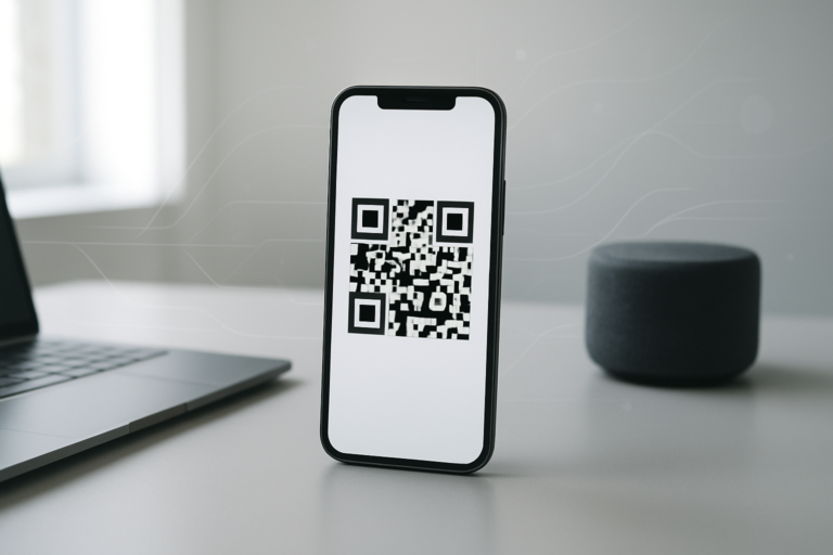 smartphone showing a dynamic QR code on a minimalist desk