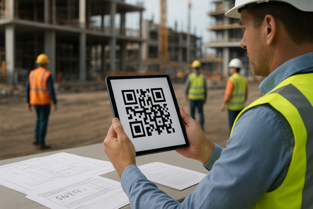 site manager using a tablet with qr code at construction site