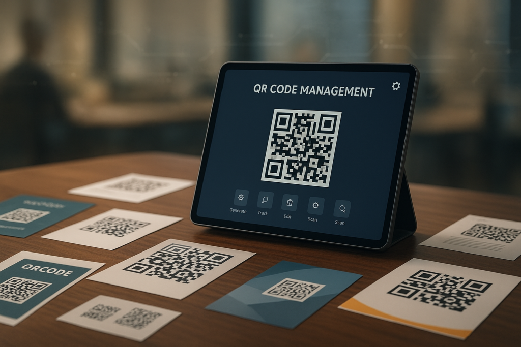 modern workspace with tablet showing qr code management mistakes