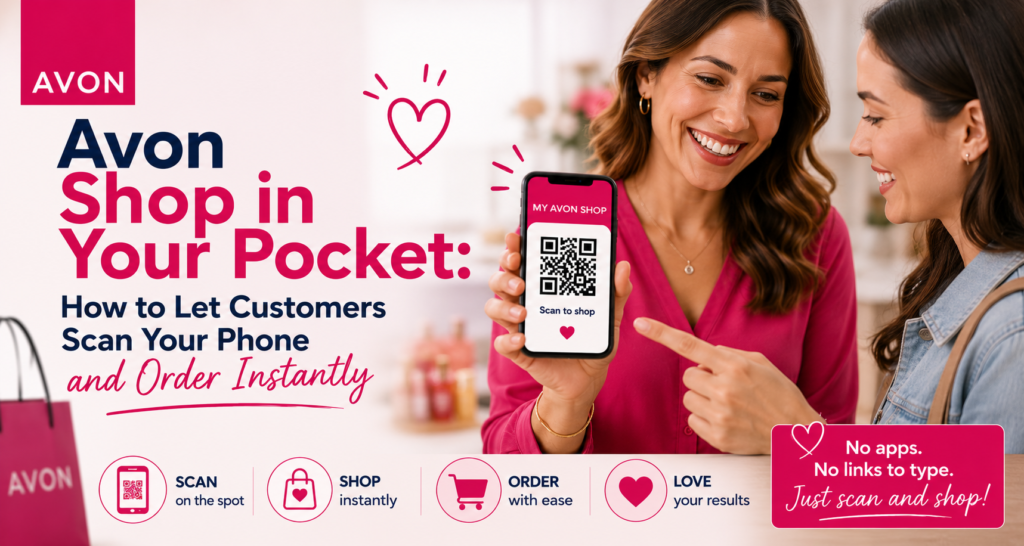 Avon representative showing a smartphone with a QR code that lets customers scan and shop instantly from her Avon online store, demonstrating mobile ordering and digital selling.