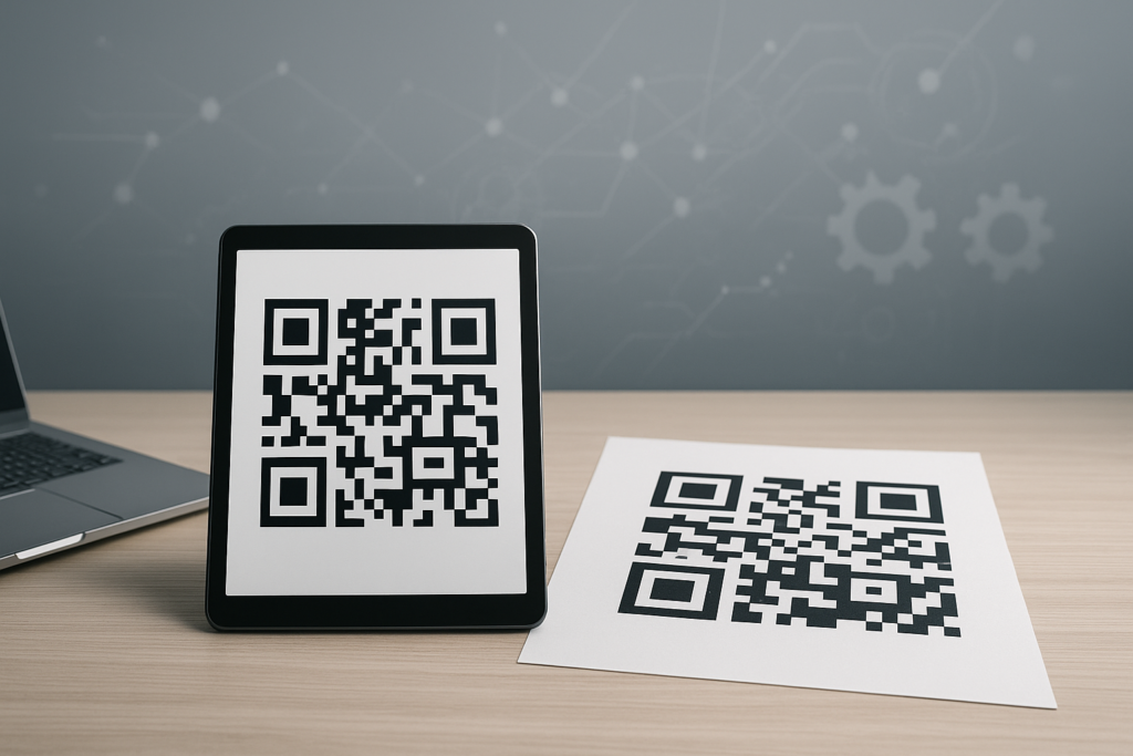 modern digital tablet and QR code graphic in stylish workspace
