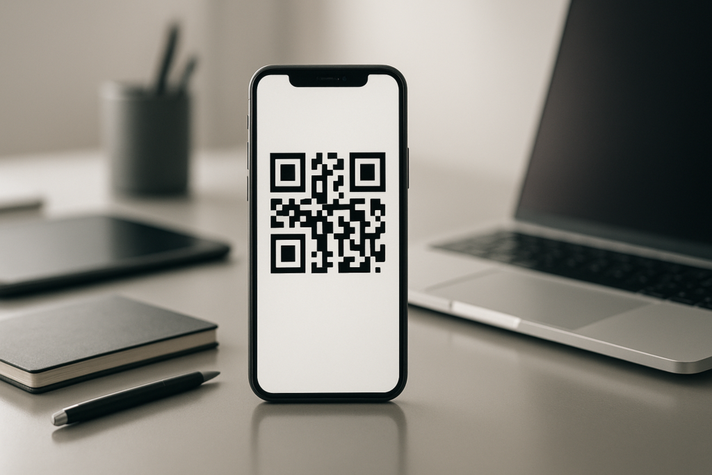 high-end smartphone displaying a qr code on a minimalist desk