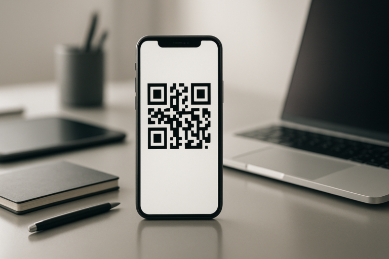 high-end smartphone displaying a qr code on a minimalist desk
